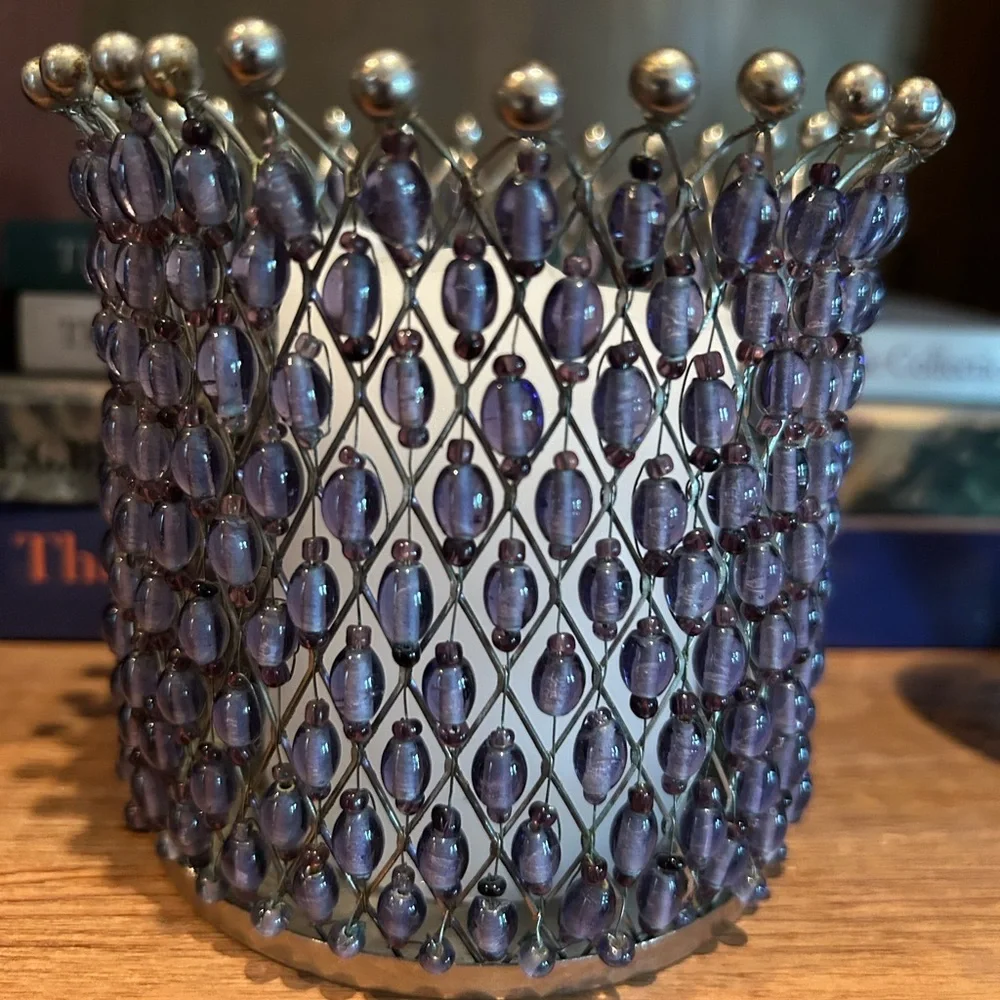 Wine Caddy Water Caddy Candle Holder purple and silver Beads 4.5”‎ x 5”